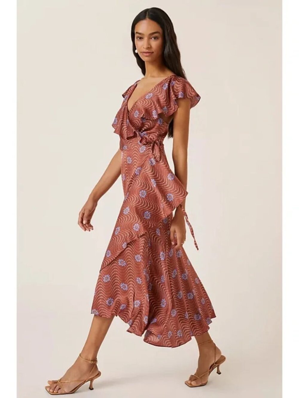 Anthropologie Wrap Maxi Dress hi-low flowy sleek satin copper purple floral S